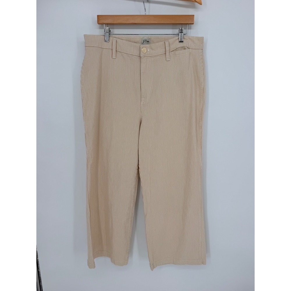 J.Crew Slim Wide Leg Pants 32 Tan White Pinstripe Coastal Preppy Aesthetic
